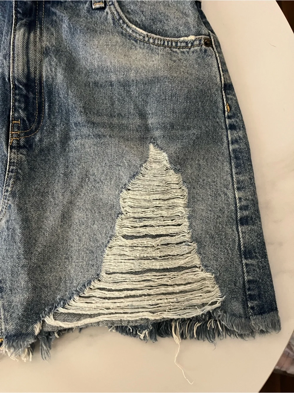 Topshop Washed Blue Distressed Denim Mini Skirt